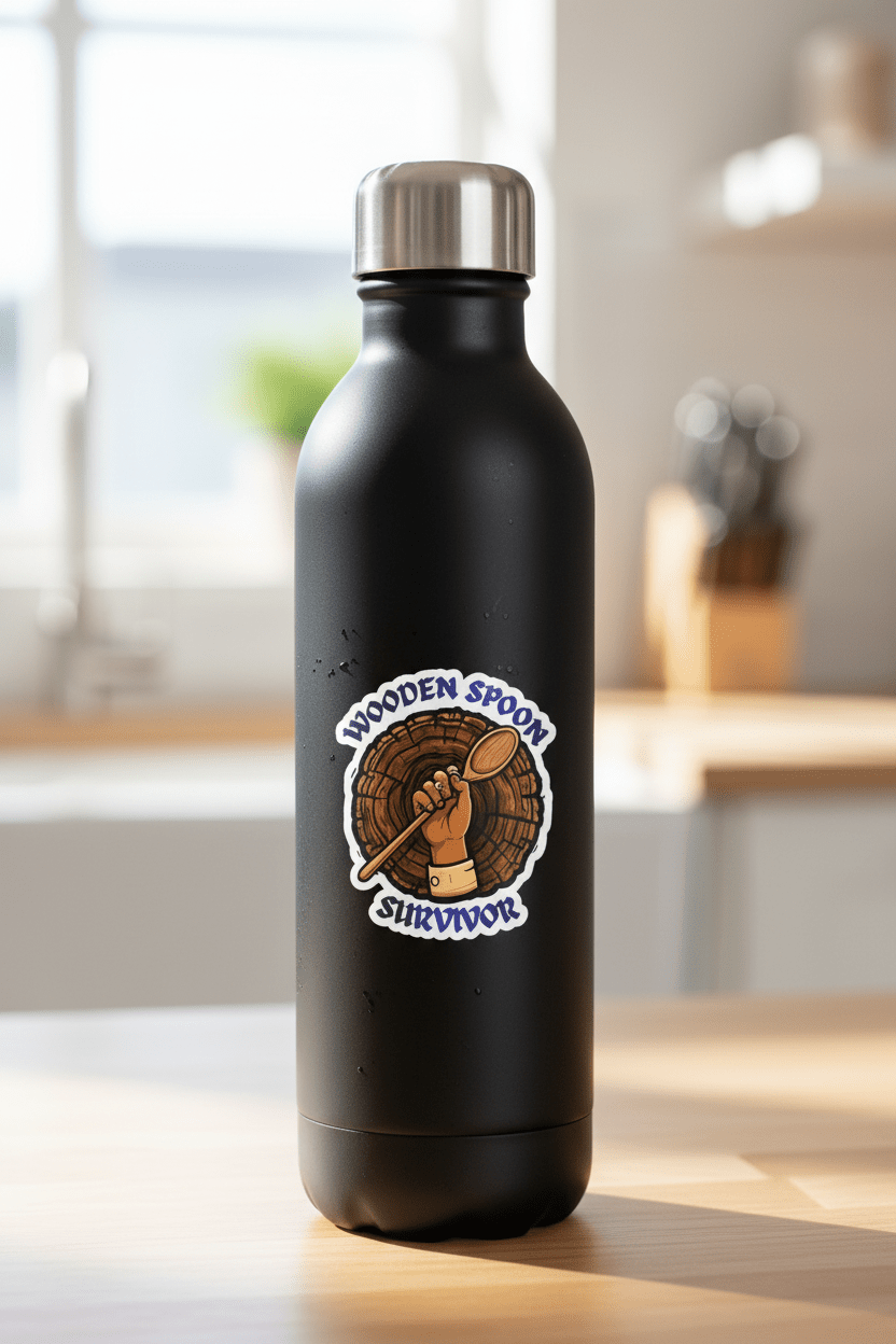 Black water bottle with 'Wooden Spoon Survivor' label on a kitchen counter
