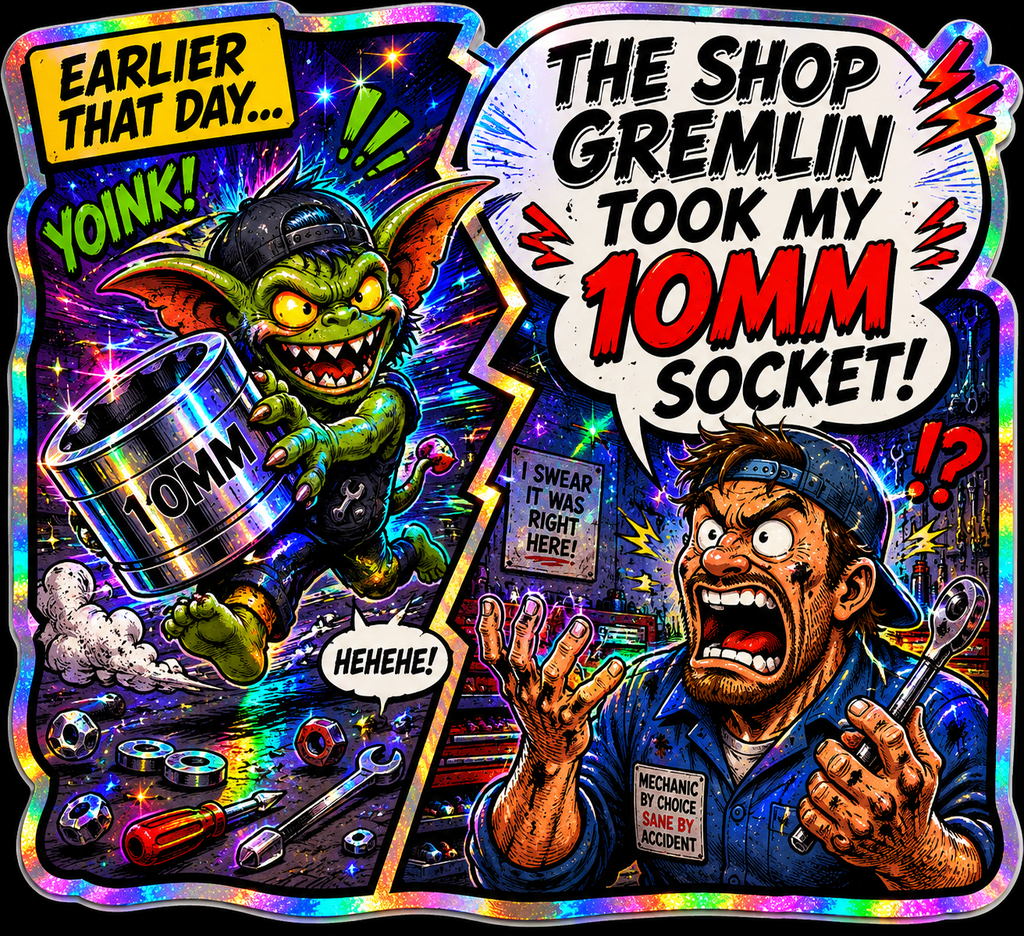 Cartoon-style illustration of a gremlin taking a socket from a mechanic with colorful border and text.