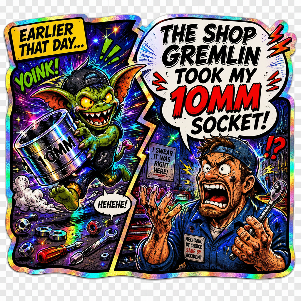 The Shop Gremlin Took My 10MM Socket — 3" Holographic Die-Cut Sticker