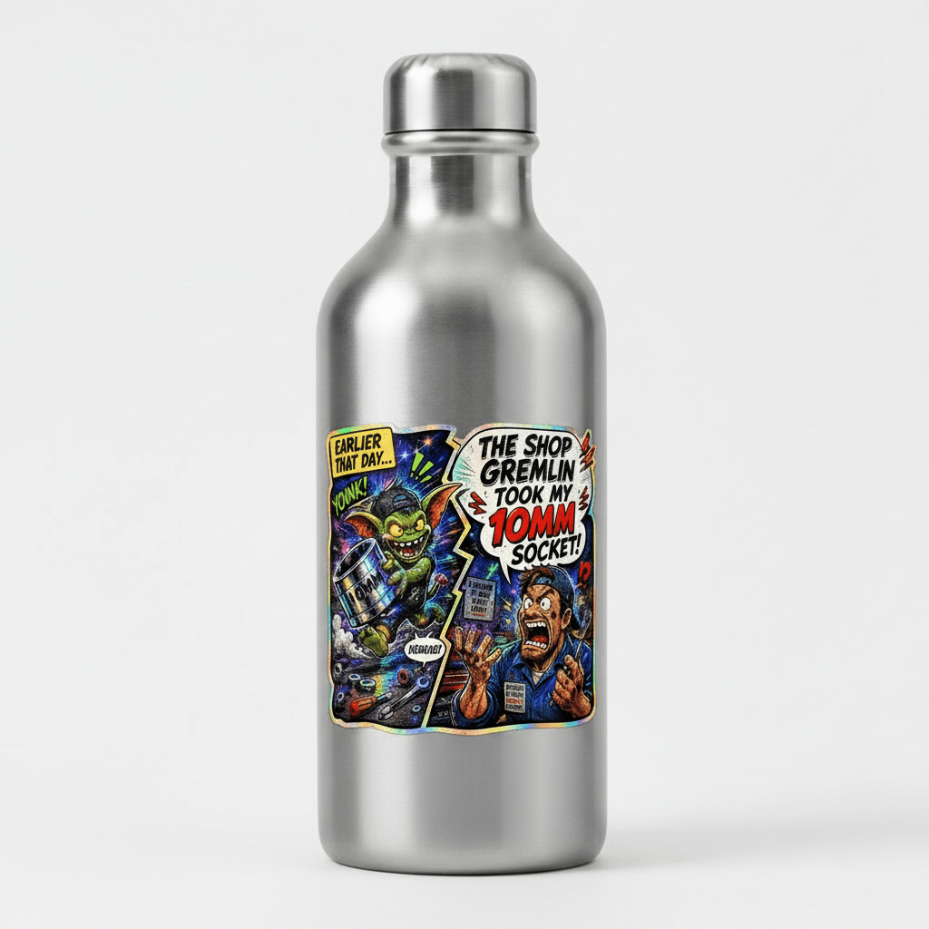 The Shop Gremlin Took My 10MM Socket — 3" Holographic Die-Cut Sticker