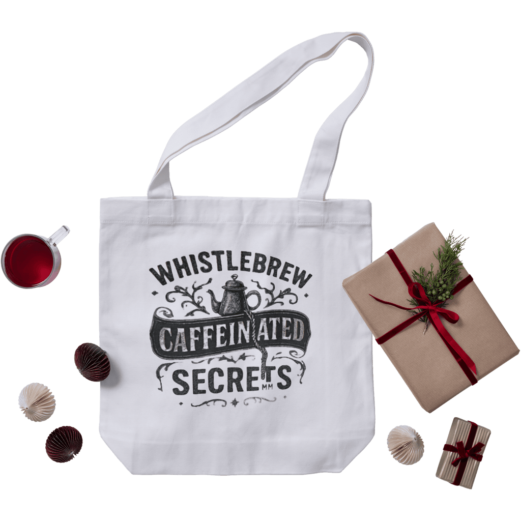 White tote bag with 'Whistlebrew Caffeinated Secrets' text, surrounded by a gift box and coffee cup on a green background