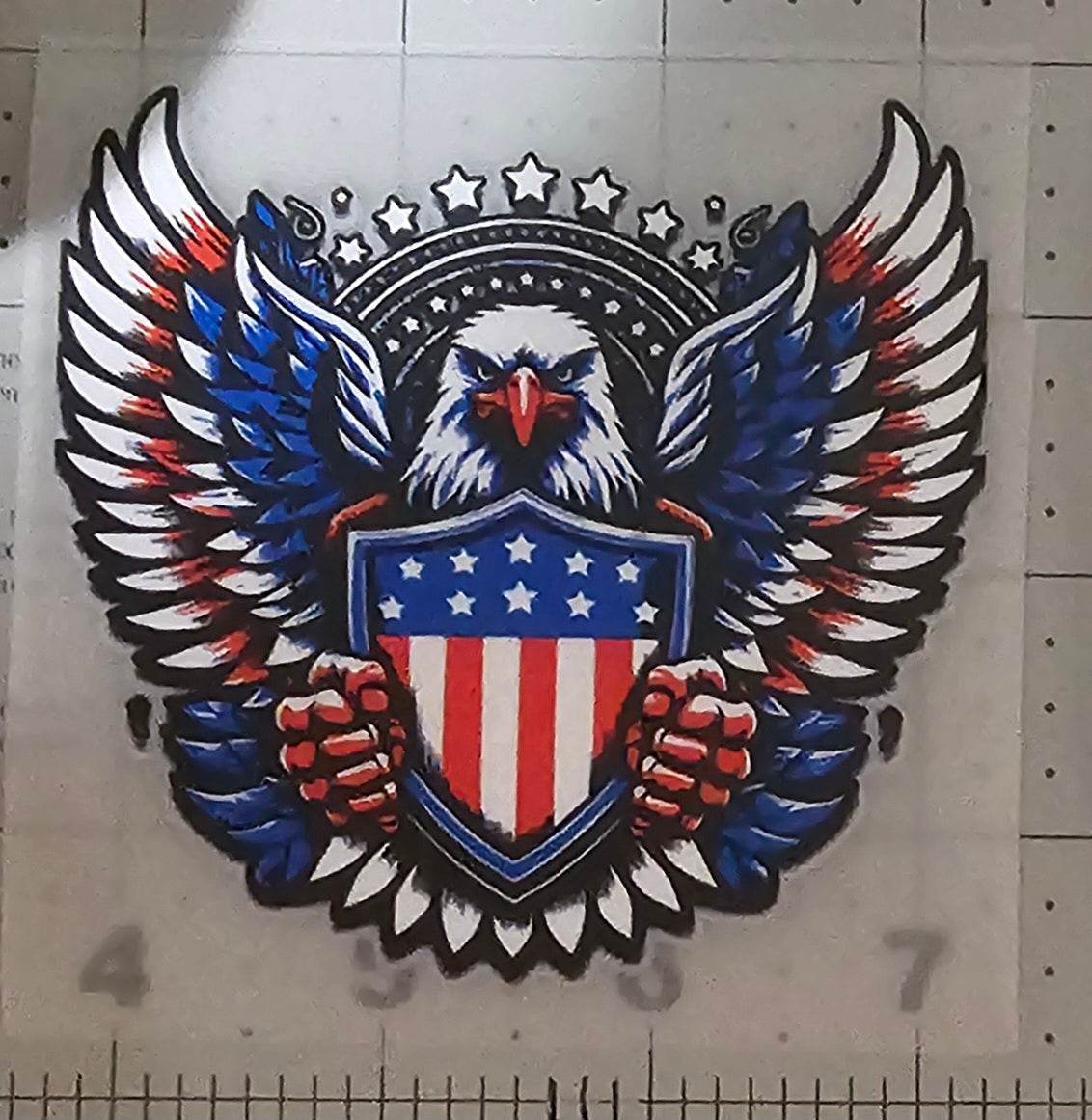 Eagle holding an American flag shield on a tiled floor background