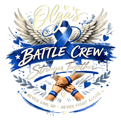 Olga Battle Crew UV DTF Decals: bold blue cancer ribbon, wings, unity, and 'Never Give Up; Never Fight Alone' motto.