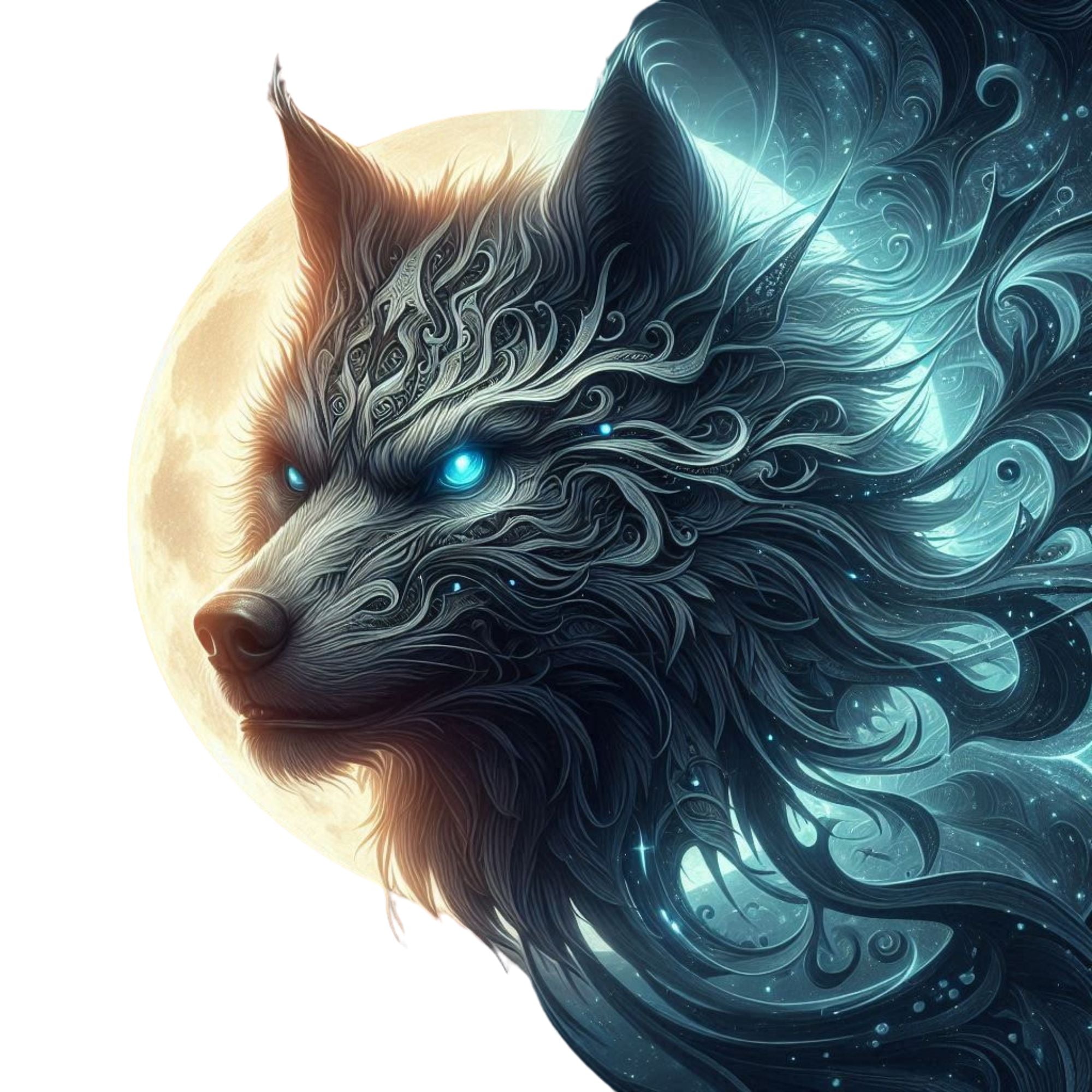 Artistic depiction of a wolf with intricate designs and glowing eyes on a white background