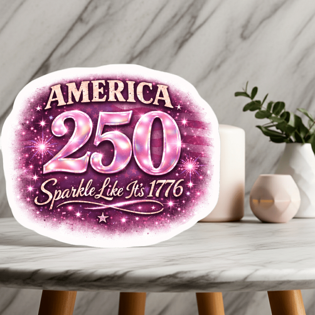 Decorative sign with 'America 250 Sparkle Like It's 1776' text on a marble surface.