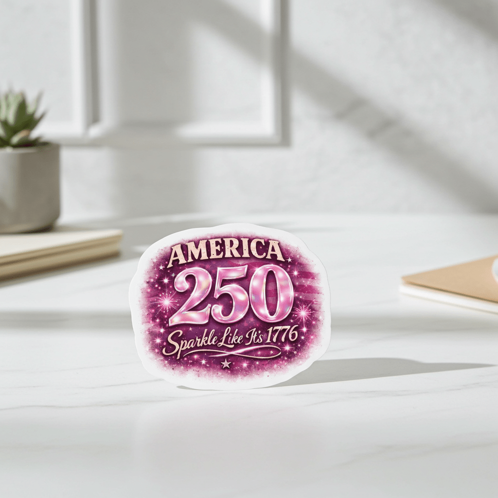 Pink decorative sticker with 'America 250 Sparkle Like It's 1776' text on a white surface.