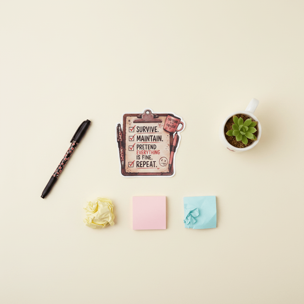 Funny To Do List sticker flat lay with desk props overhead shot