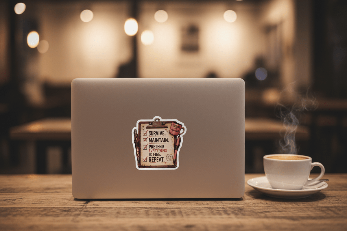 Funny To Do List vinyl sticker on MacBook in coffee shop lifestyle shot