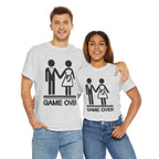 Game Over funny wedding and pregnancy reveal T-shirt on Gildan 5000 with stick-figure couple and baby icon.