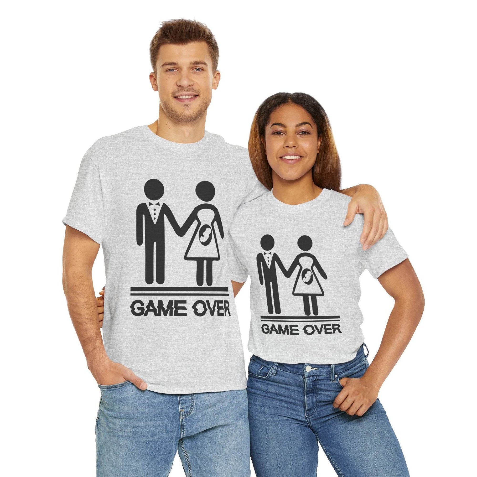 Game Over funny wedding and pregnancy reveal T-shirt on Gildan 5000 with stick-figure couple and baby icon.