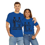Couple wearing blue Game Over wedding and pregnancy reveal tees with stick-figure family.