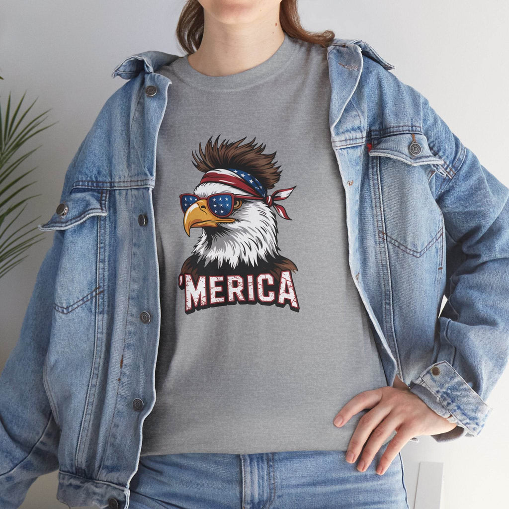 Patriotic gray T-shirt featuring a bald eagle with star-spangled sunglasses and a bandana, MERICA text.
