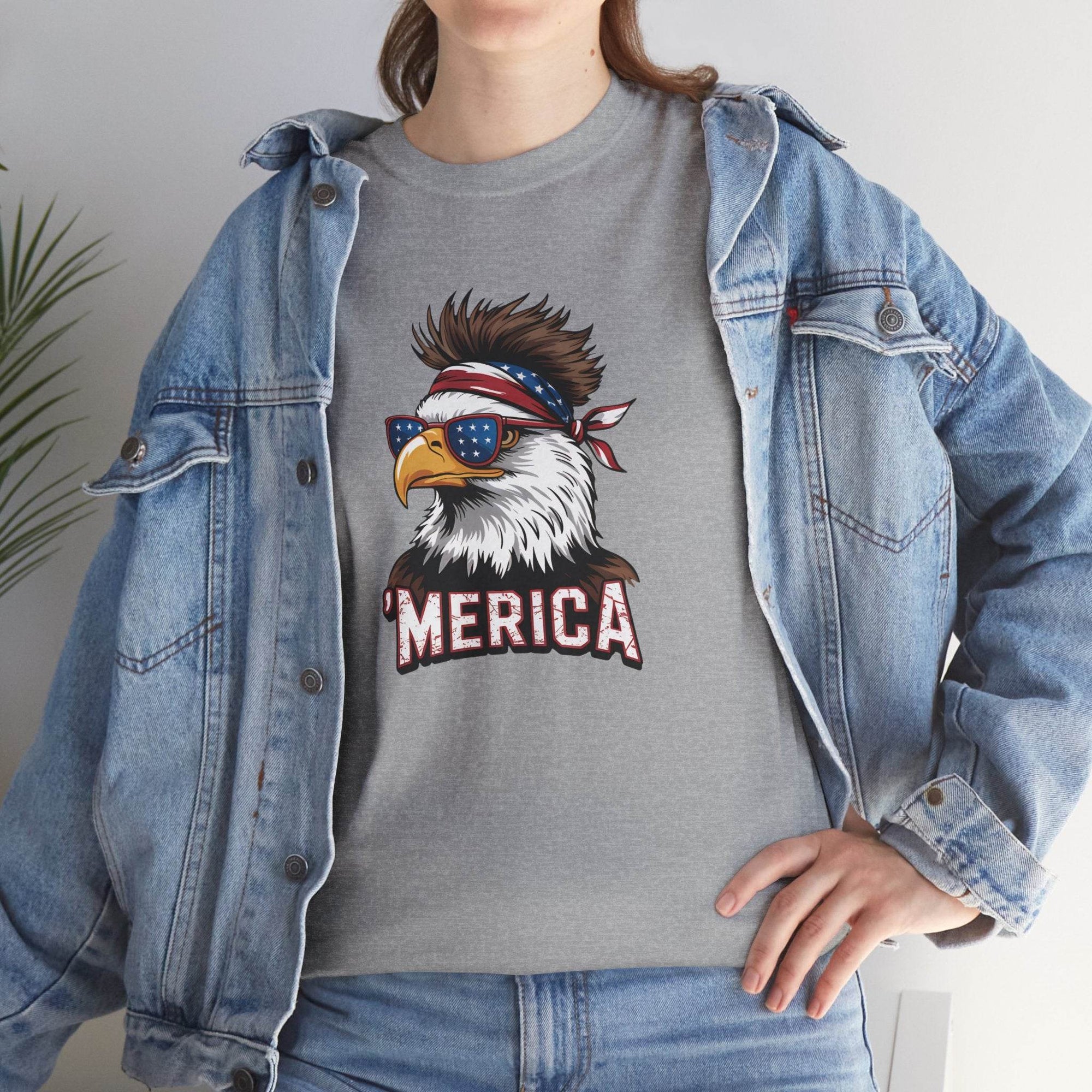Patriotic gray T-shirt featuring a bald eagle with star-spangled sunglasses and a bandana, MERICA text.