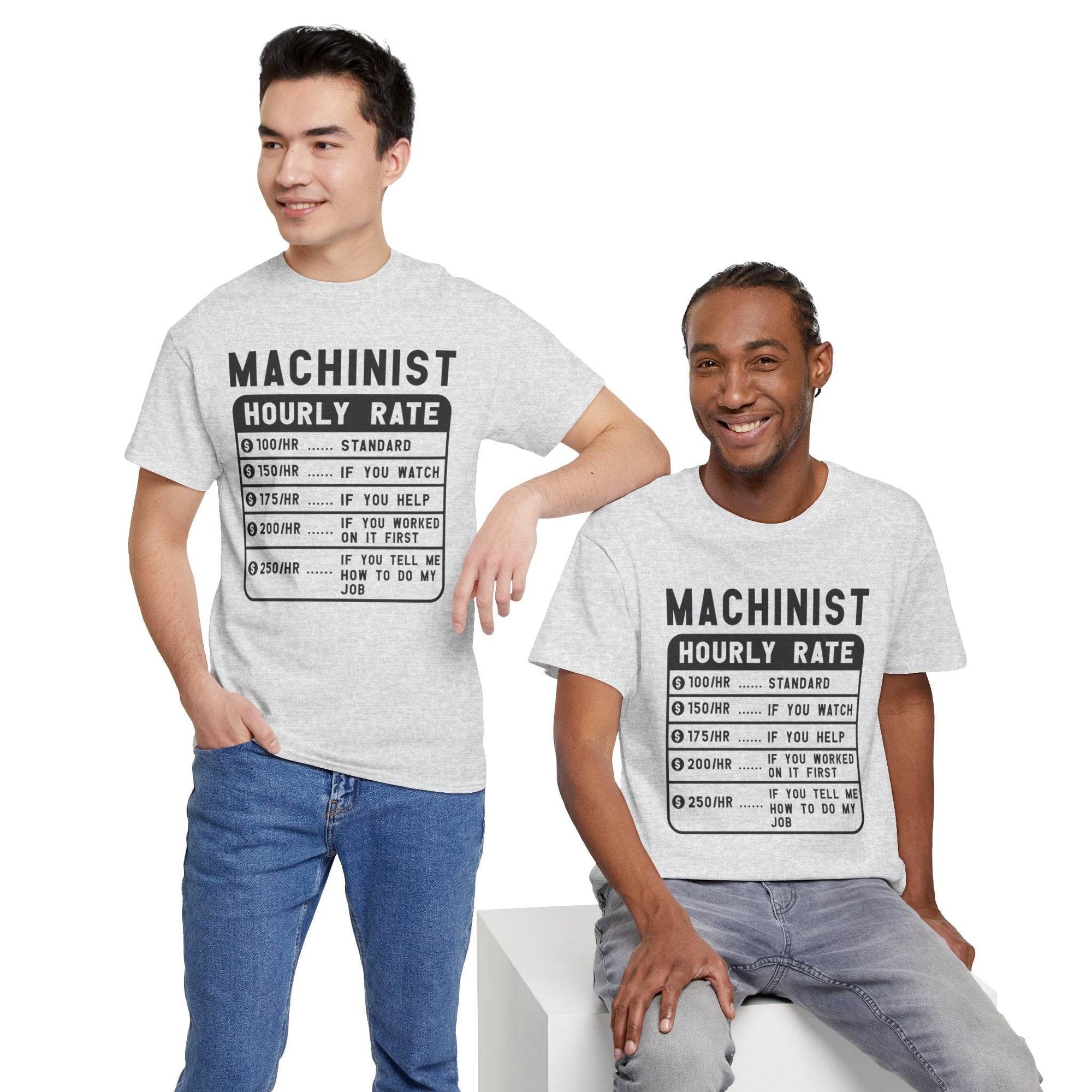 Two men wearing t-shirts with 'MACHINIST HOURLY RATE' text design on a white background