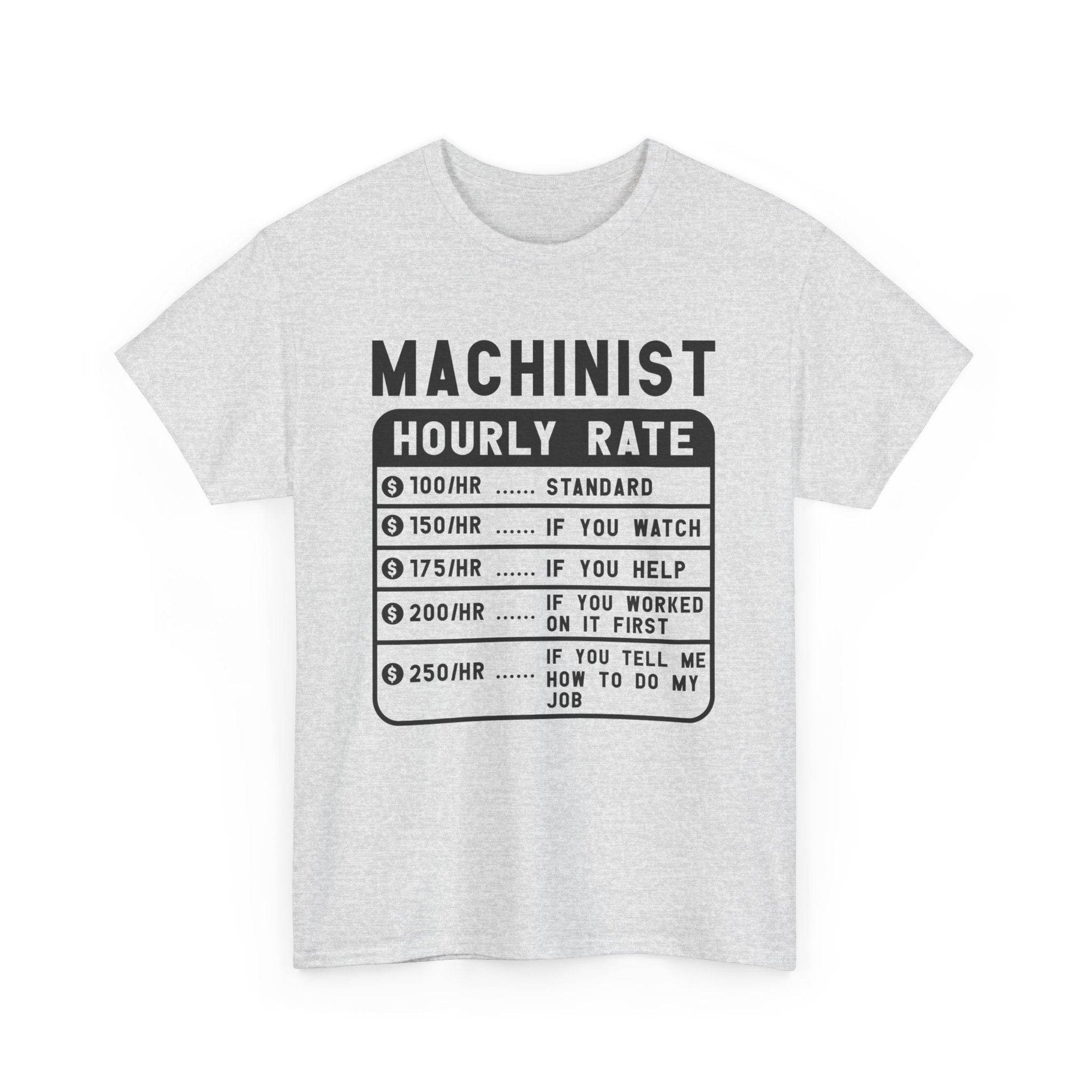 Gray t-shirt with black text 'MACHINIST HOURLY RATE' on a white background