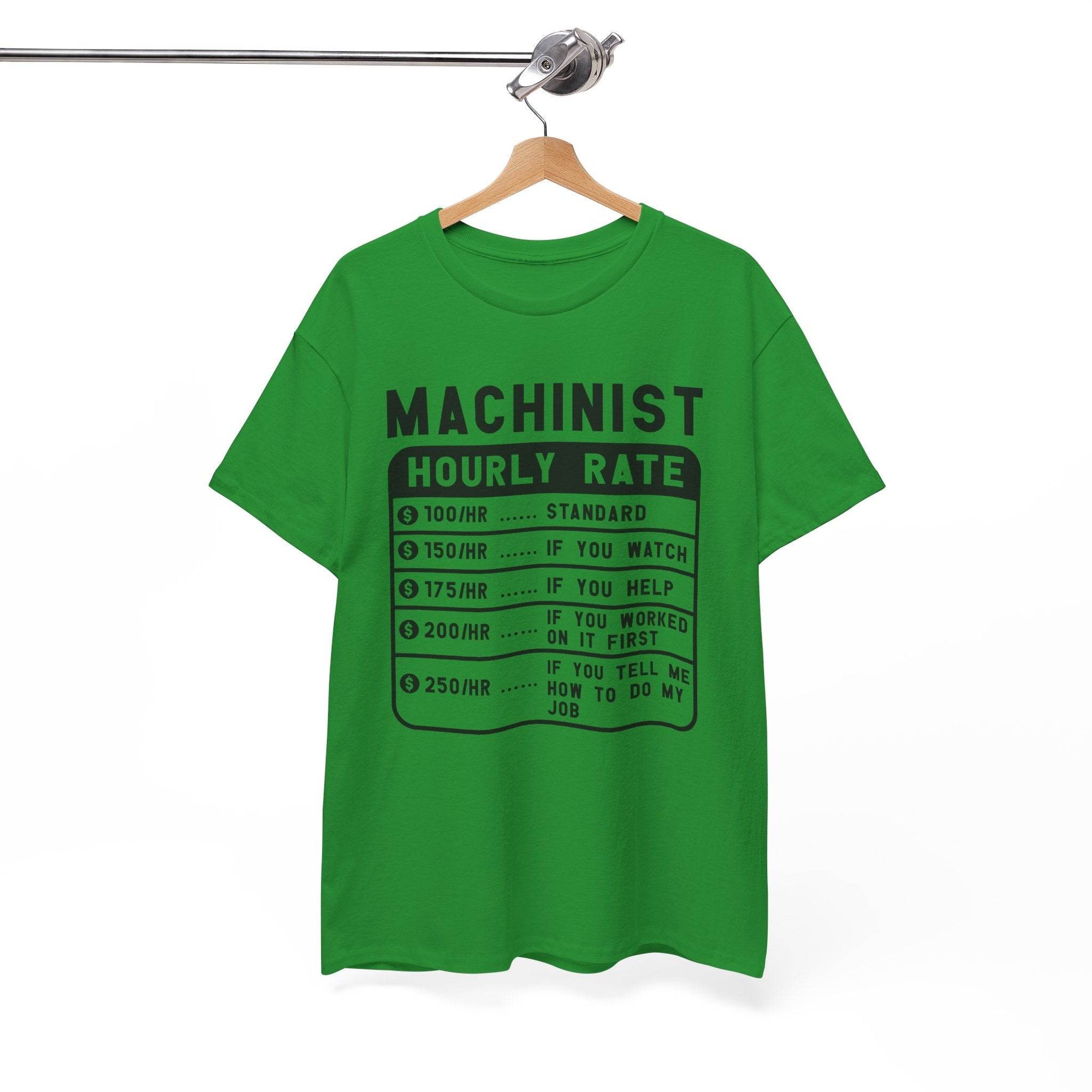 Green t-shirt with black text on a hanger against a white background