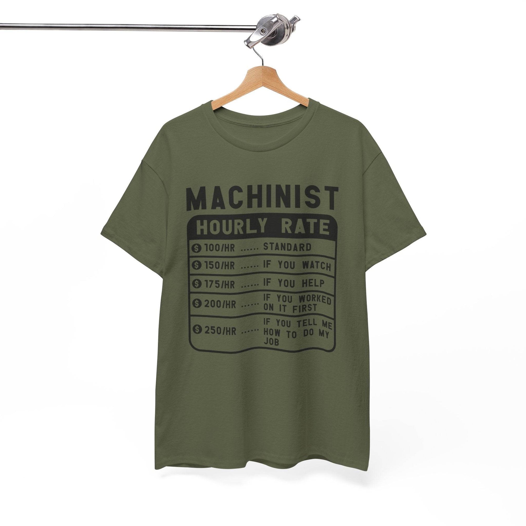 Green t-shirt with text on a hanger against a white background