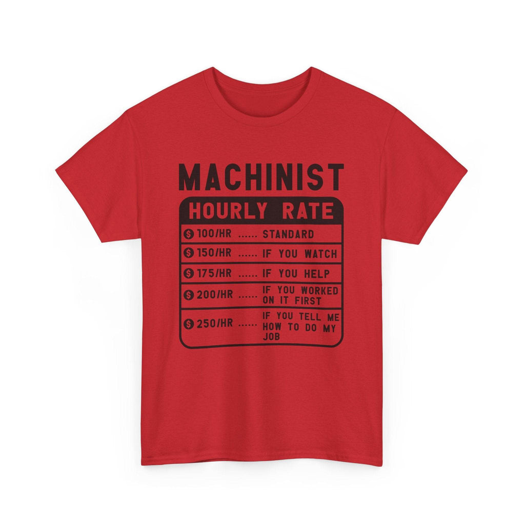 Red t-shirt with black text on a white background