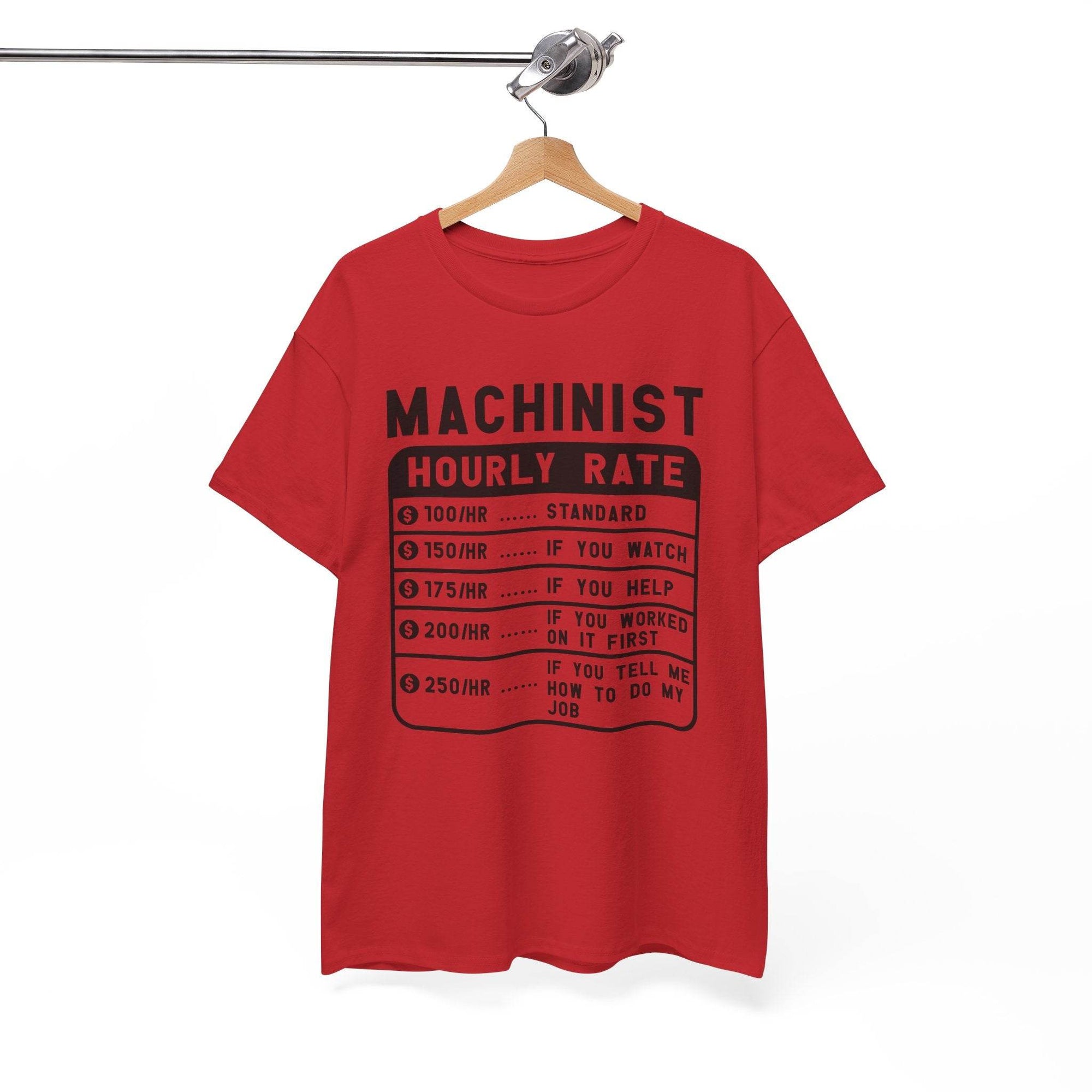 Red t-shirt with black text on a hanger against a white background