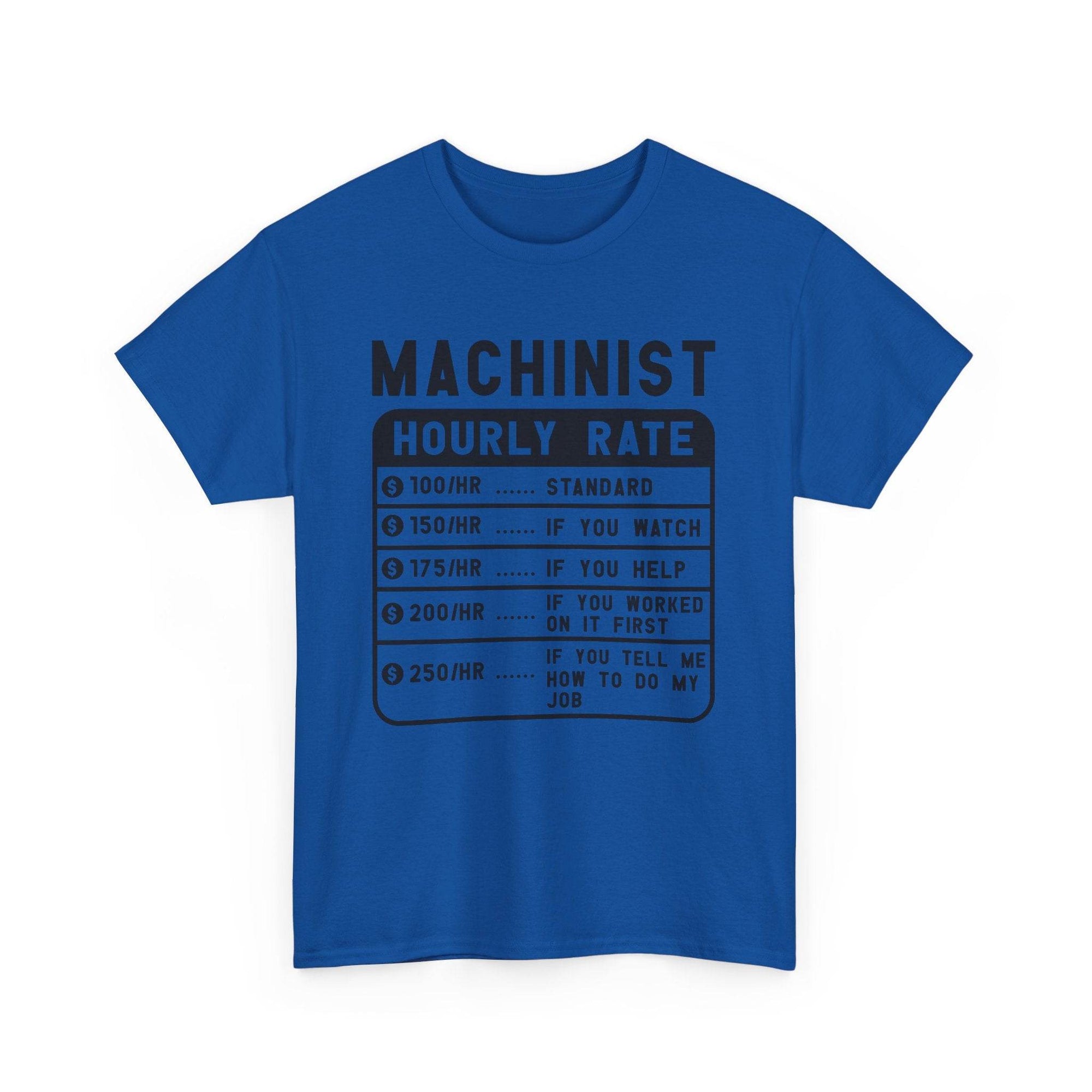 Blue t-shirt with black text on a white background