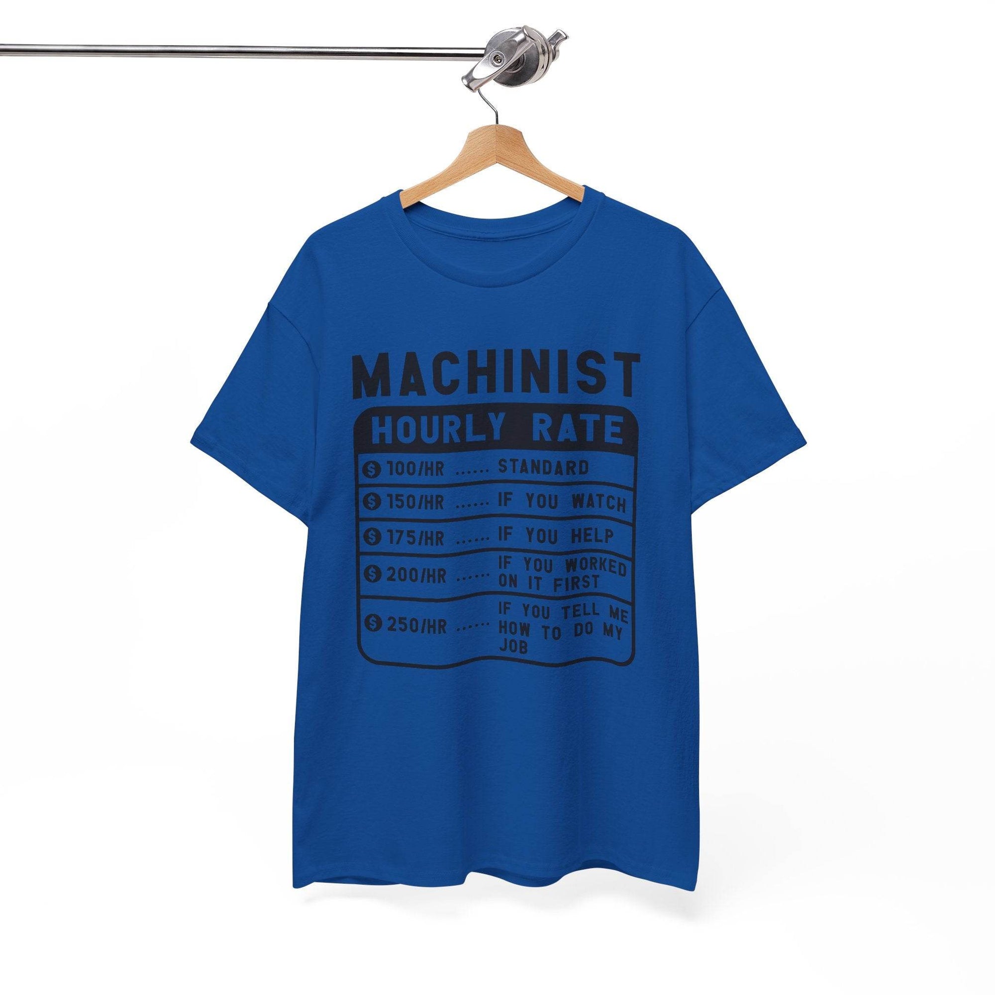 Blue t-shirt with text on a hanger against a white background