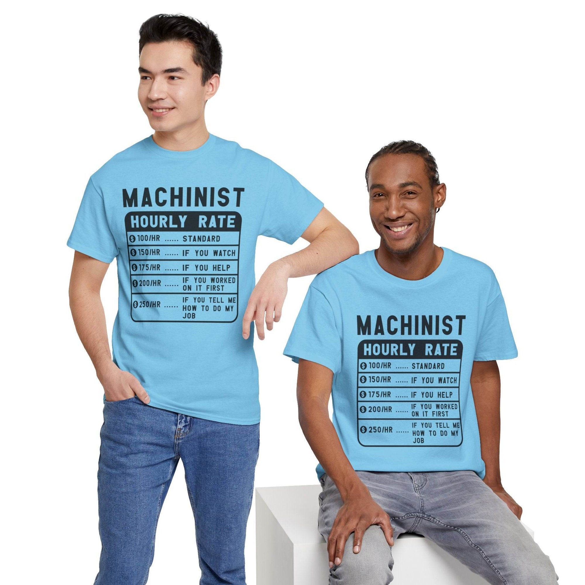Two men wearing blue t-shirts with 'Machinist Hourly Rate' text design.