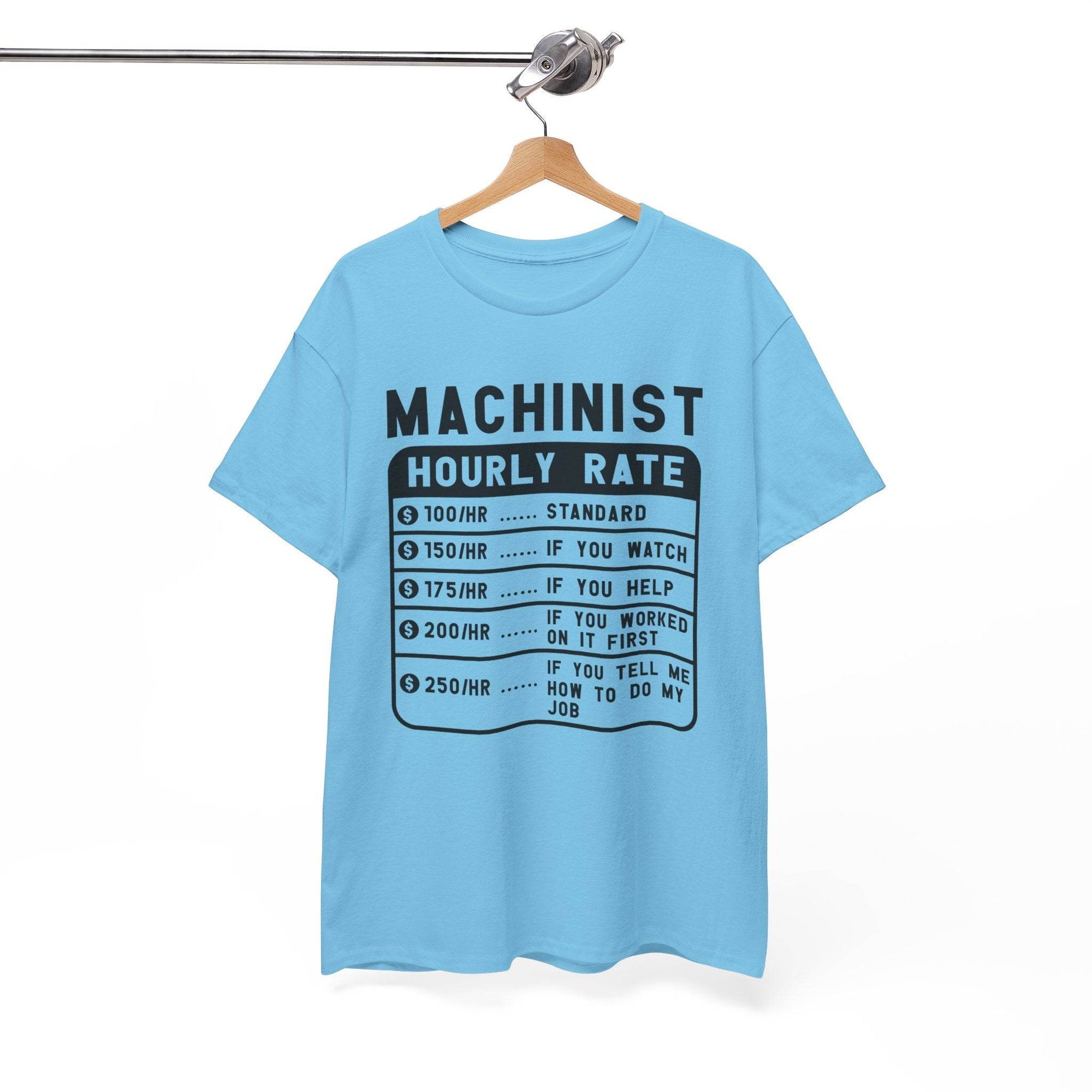 Light blue t-shirt with black text on a hanger against a white background