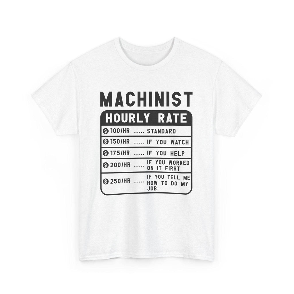 White t-shirt with black text graphic on a white background