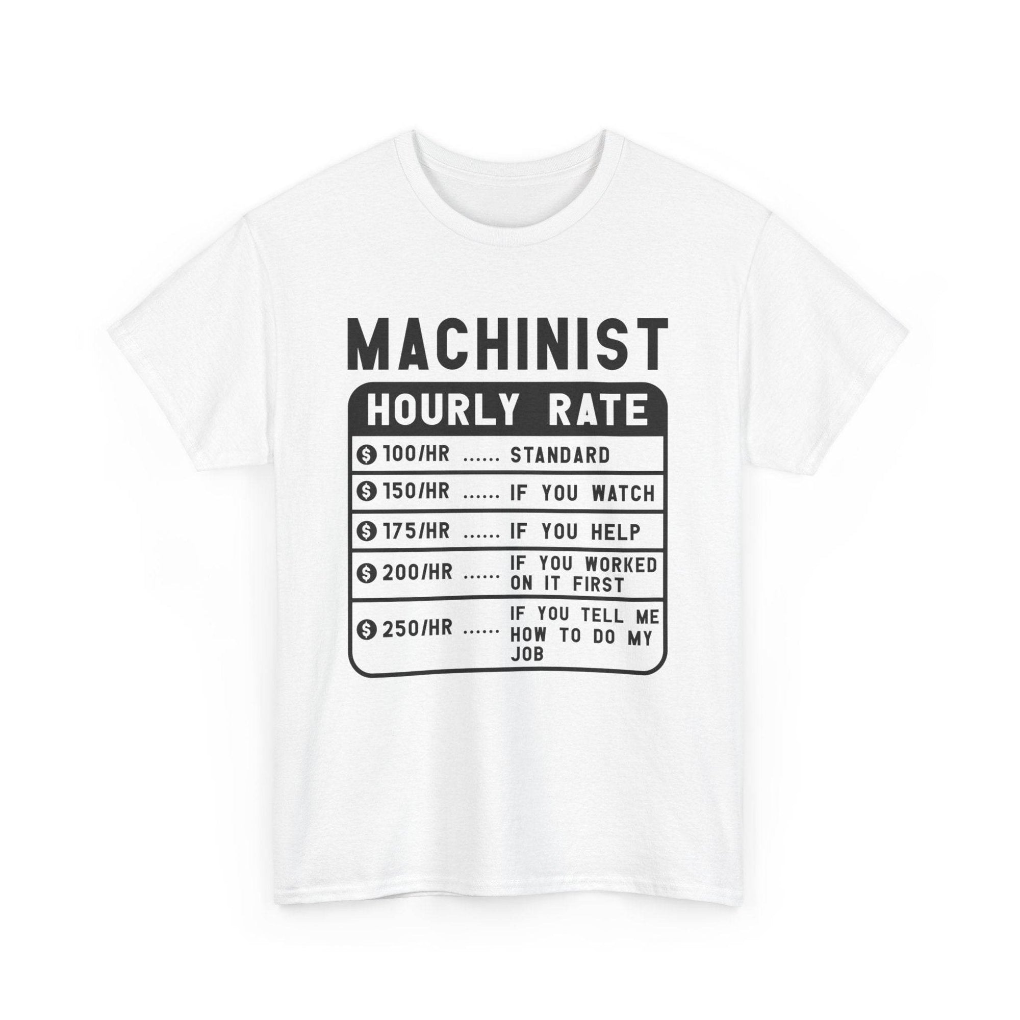 White t-shirt with black text graphic on a white background