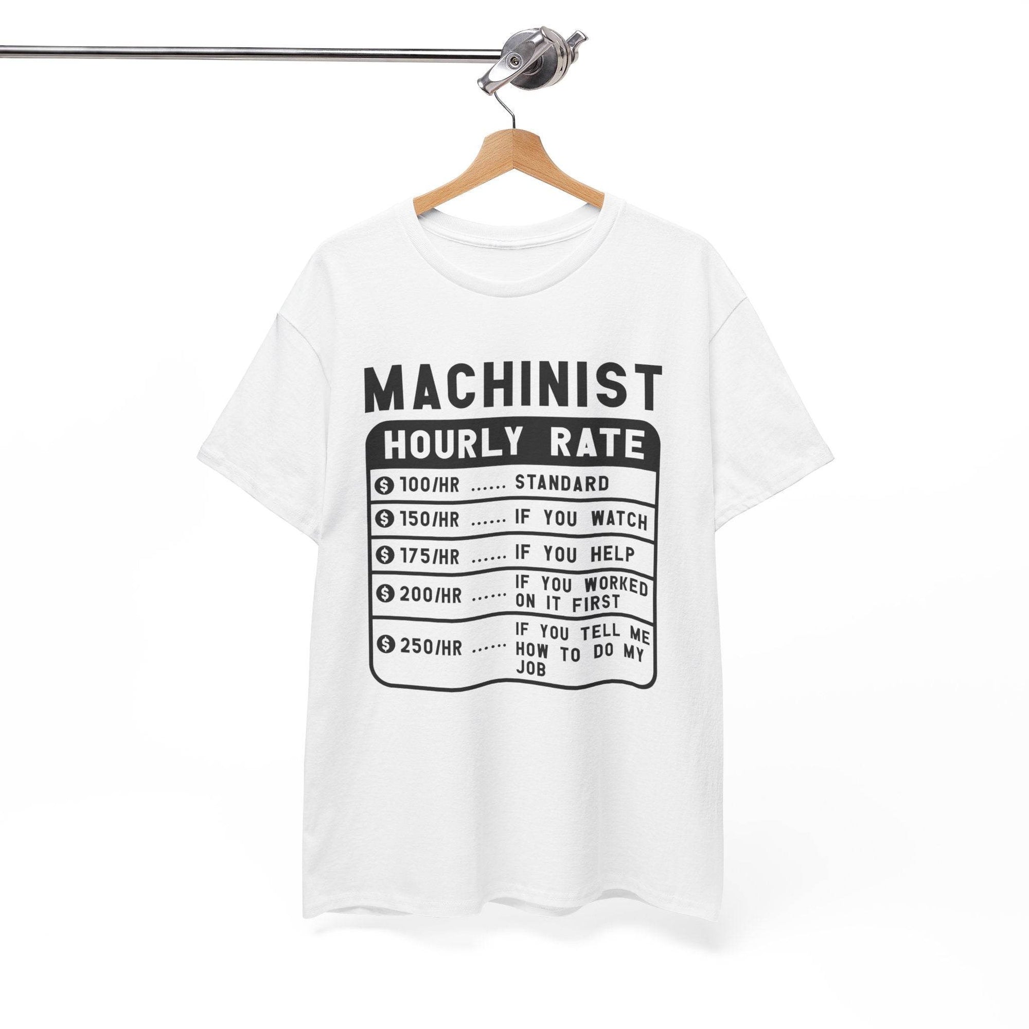 White t-shirt with black text on a hanger against a white background