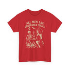 Red T-shirt with vintage cream graphic: witch by a cauldron and skeleton, reading All Men Are Cremated Equal.