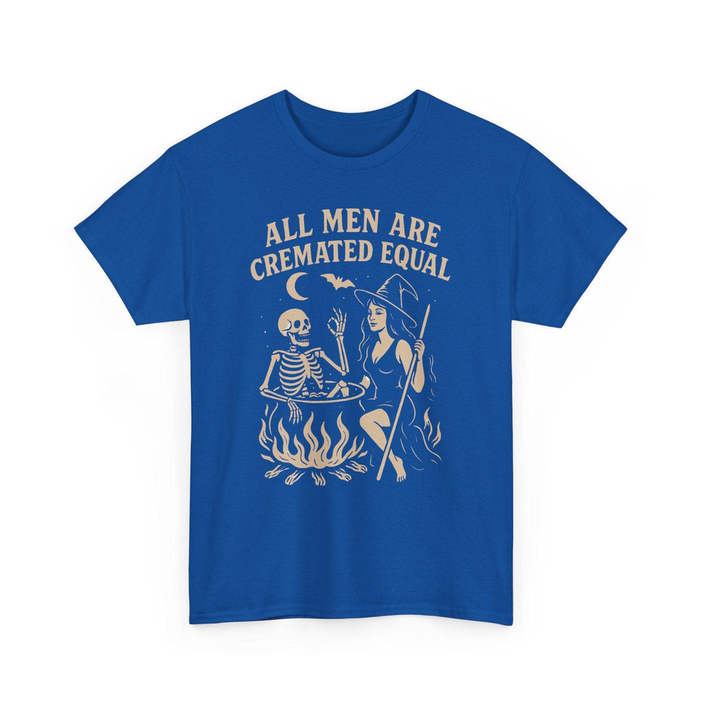 Blue t-shirt with skeleton and witch graphic and text 'All men are cremated equal' on a white background