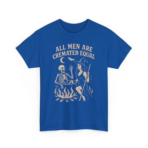 Blue t-shirt with skeleton and witch graphic and text 'All men are cremated equal' on a white background