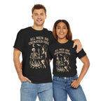 Couple wearing black tees featuring All Men Are Cremated Equal witch cauldron design on Gildan 5000.