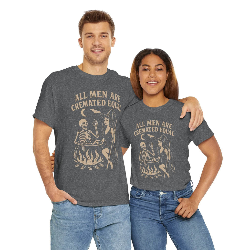 Couple wearing dark gray All Men Are Cremated Equal witch cauldron T-shirt with vintage skeleton cauldron design.