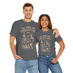 Couple wearing dark gray All Men Are Cremated Equal witch cauldron T-shirt with vintage skeleton cauldron design.