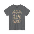 All Men Are Cremated Equal: vintage witch and skeleton around a cauldron on charcoal T-shirt (Gildan 5000)