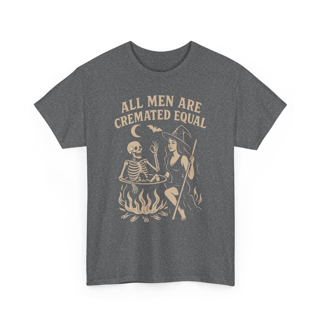 All Men Are Cremated Equal: vintage witch and skeleton around a cauldron on charcoal T-shirt (Gildan 5000)