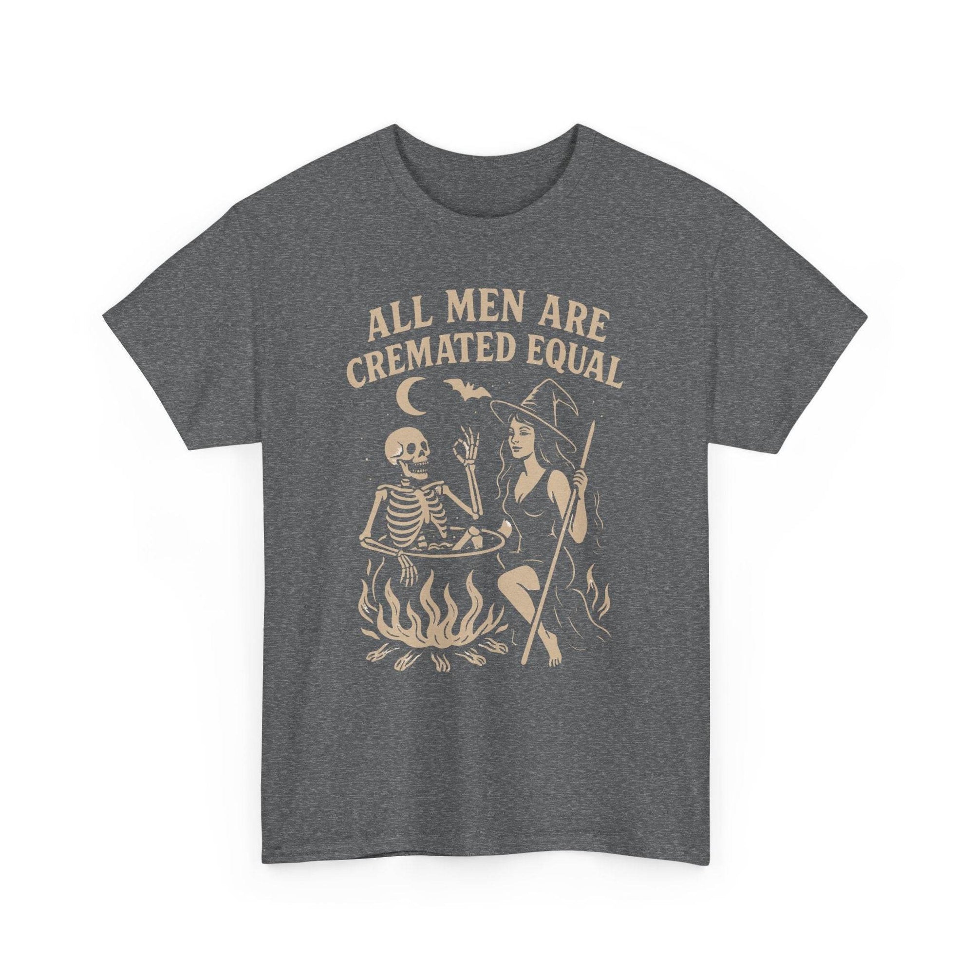 All Men Are Cremated Equal: vintage witch and skeleton around a cauldron on charcoal T-shirt (Gildan 5000)