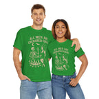 Two people wear green All Men Are Cremated Equal witch cauldron Halloween tees, featuring a skeleton by a cauldron.