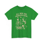 Green t-shirt with vintage witch and skeleton by a cauldron displaying All Men Are Cremated Equal.