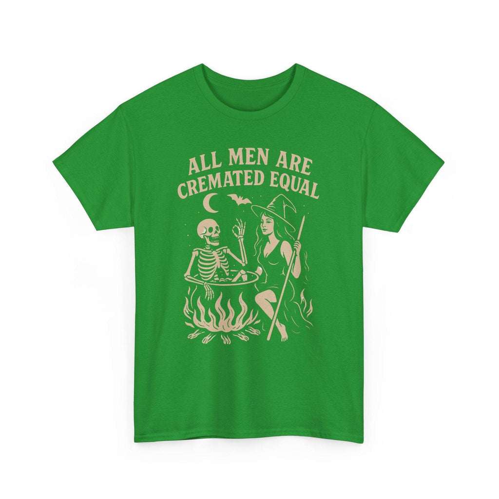 Green t-shirt with vintage witch and skeleton by a cauldron displaying All Men Are Cremated Equal.