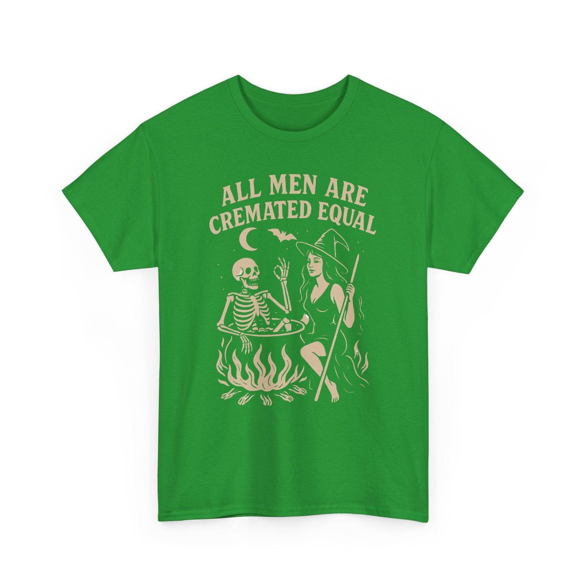 Green t-shirt with vintage witch and skeleton by a cauldron displaying All Men Are Cremated Equal.