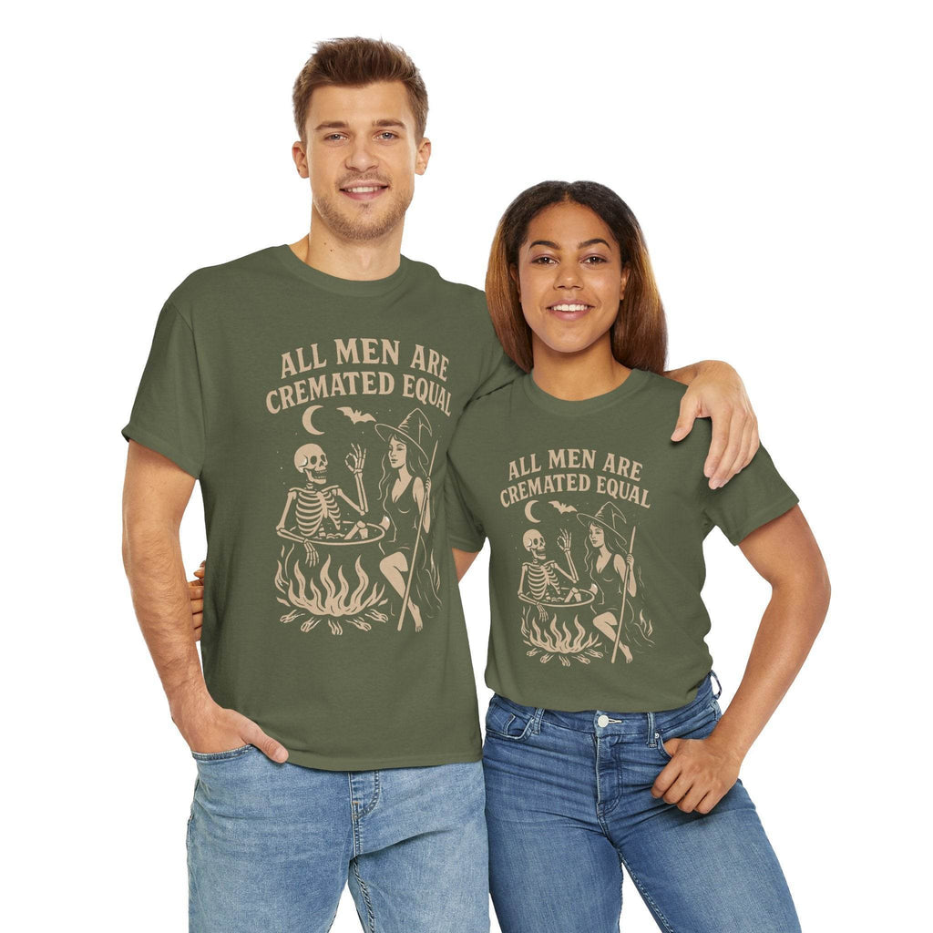 Couple wearing olive-green T-shirts with a vintage witch cauldron design and the slogan All Men Are Cremated Equal.