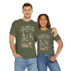 Couple wearing olive-green T-shirts with a vintage witch cauldron design and the slogan All Men Are Cremated Equal.
