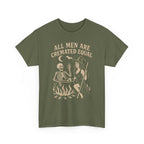 Olive green tee featuring All Men Are Cremated Equal with witch and skeleton beside a bubbling cauldron.