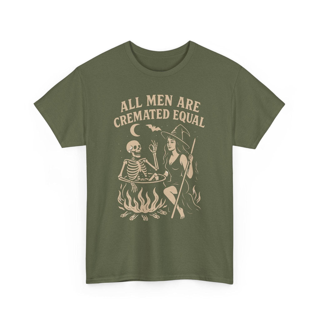 Olive green tee featuring All Men Are Cremated Equal with witch and skeleton beside a bubbling cauldron.