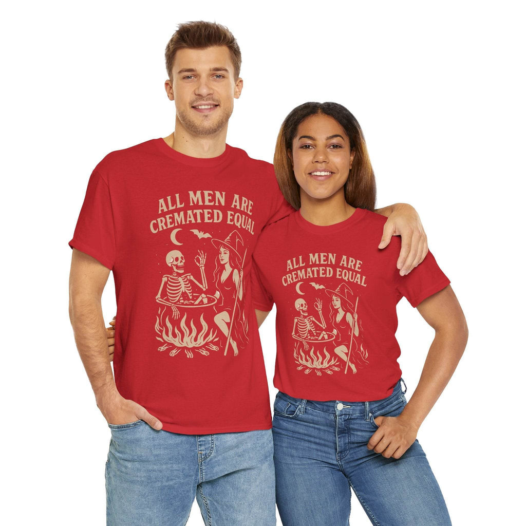 Couple wearing red All Men Are Cremated Equal witch cauldron Halloween T-shirts on Gildan 5000.