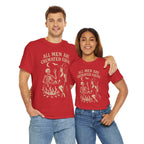 Couple wearing red All Men Are Cremated Equal witch cauldron Halloween T-shirts on Gildan 5000.