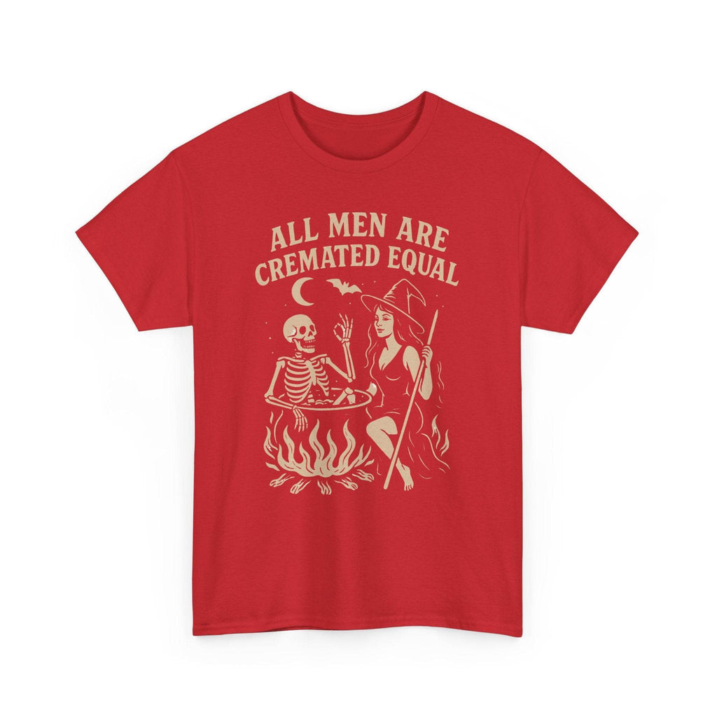 Red T-shirt with vintage cream graphic: witch by a cauldron and skeleton, reading All Men Are Cremated Equal.